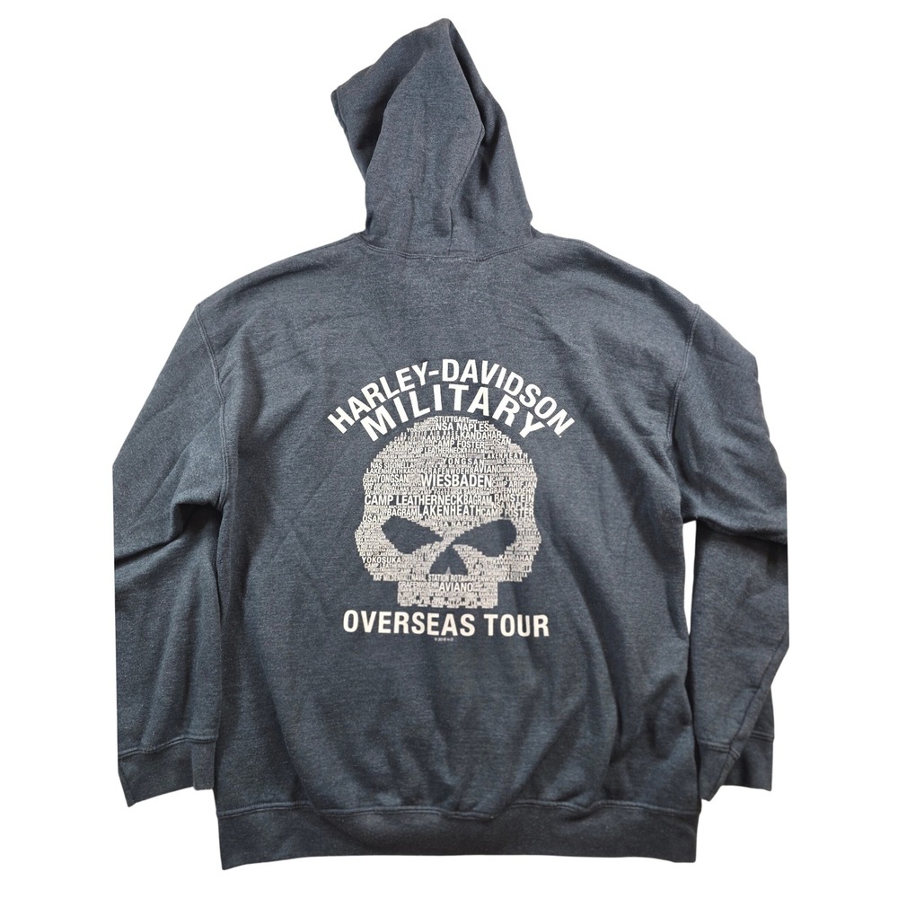 Harley Davidson Zip Hoodie Mens XL Gray Military Overseas Tour Skull Graphic